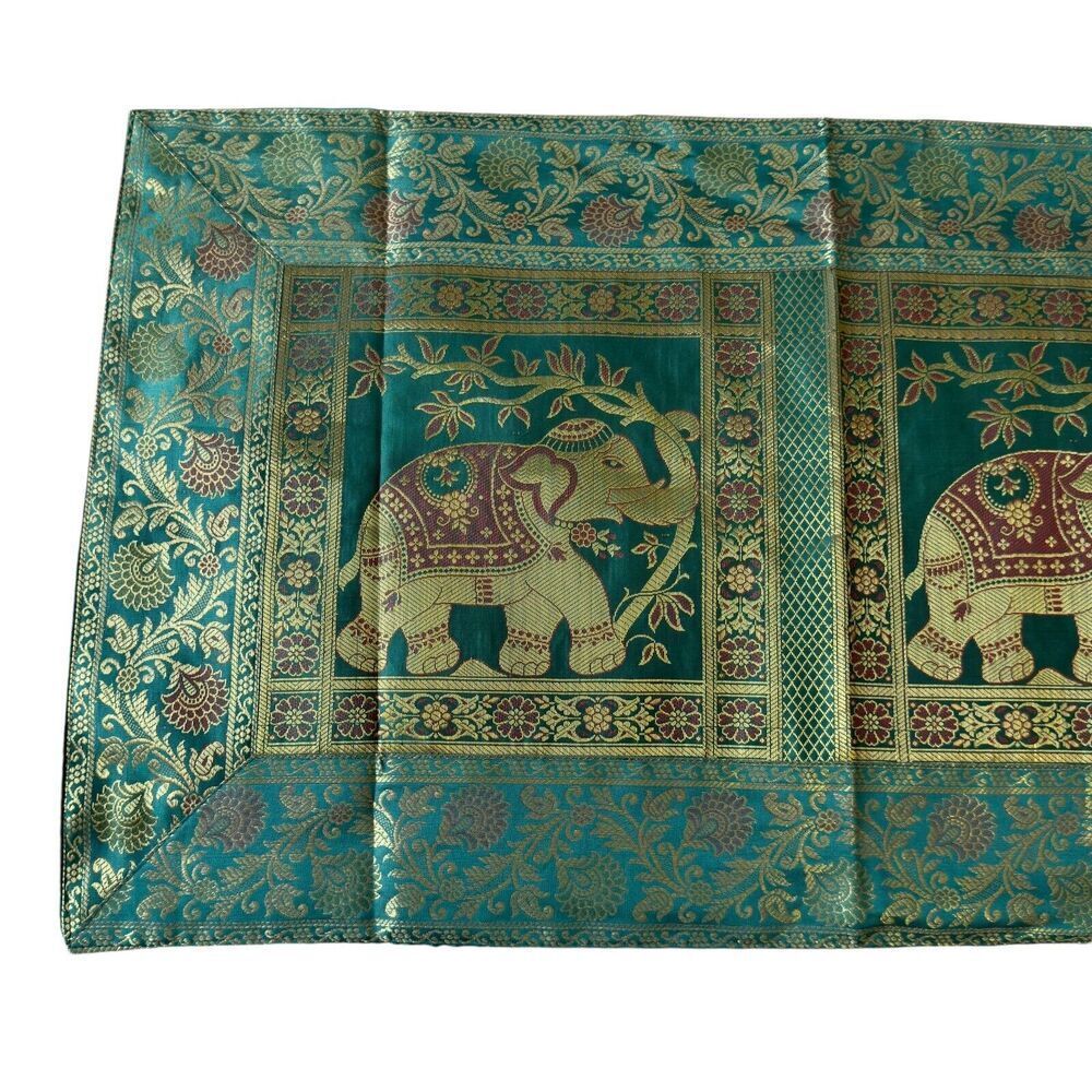 Boho Indian Silk Table Runner Green Tapestry 16” Width x 60” Length Elephants